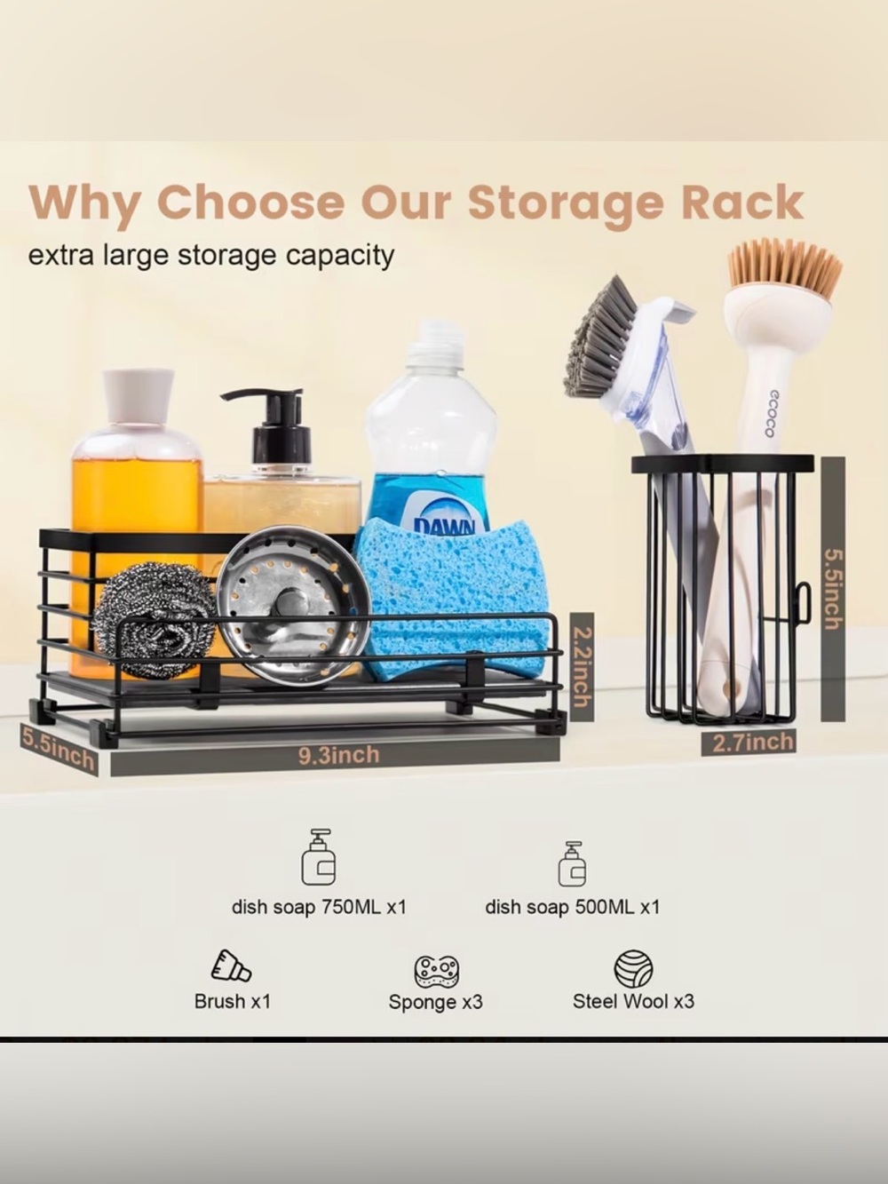 Black Kitchen Sink Storage Rack and Utensil Holder - Matte Black